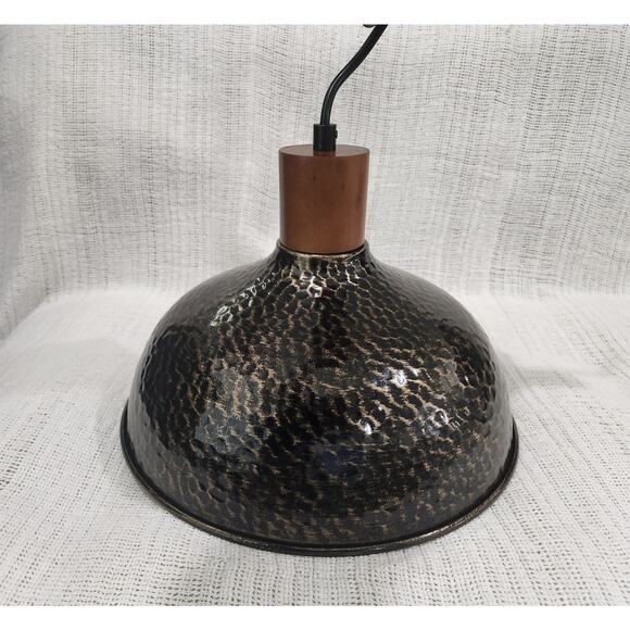 12″ Hammered Bronze Gold Pendant Light – Wood Accent, 52″ Drop - Picture 10 of 11